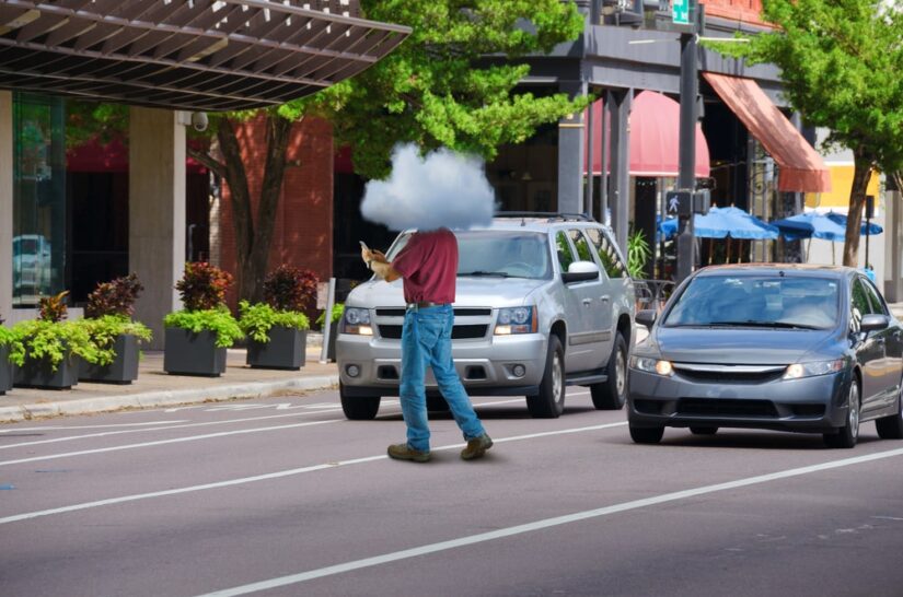 Illegal Jaywalking Person Crossing Street While Checking Phone In Front Of Two Vehicles