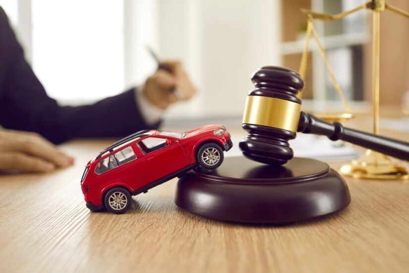 Red Toy Car And A Judges Gavel In An Attorneys Office