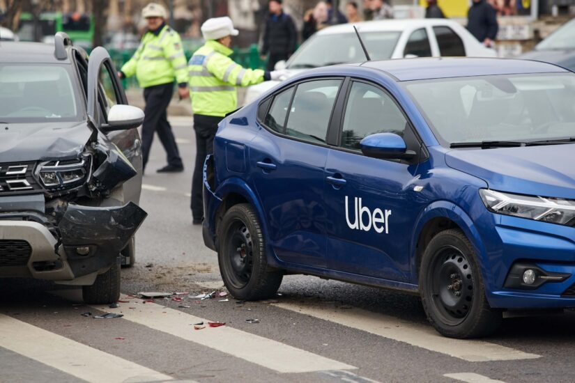 A car with Uber logo marked on the road at the place where it was involved in a car accident A car with Uber logo marked on the road at the place where it was involved in a car accident