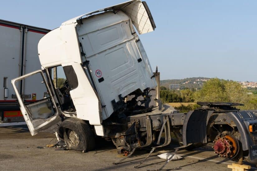 Disabled commercial truck after a serious roadway crash, illustrating cases handled by a Santa Barbara truck accident attorney.
