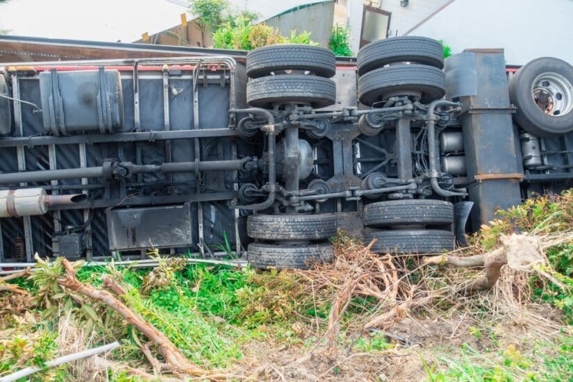 Overturned commercial truck at the roadside following a serious crash, illustrating a case handled by a Santa Barbara truck accident attorney.